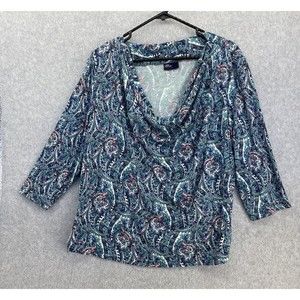 Carr & Westley Women's Cowl Neck 3/4 Sleeve Blouse Blue Paisley Size XXL Thin